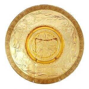 Large 11" Amber Glass Plate Gold Floral Etched Rim Vintage Depression Glass
